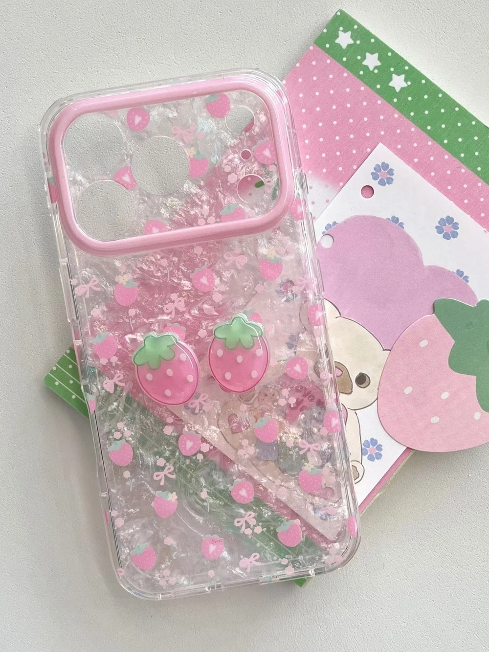 Pink Strawberry Clear Glitter Phone Case with Dual Pop Grips